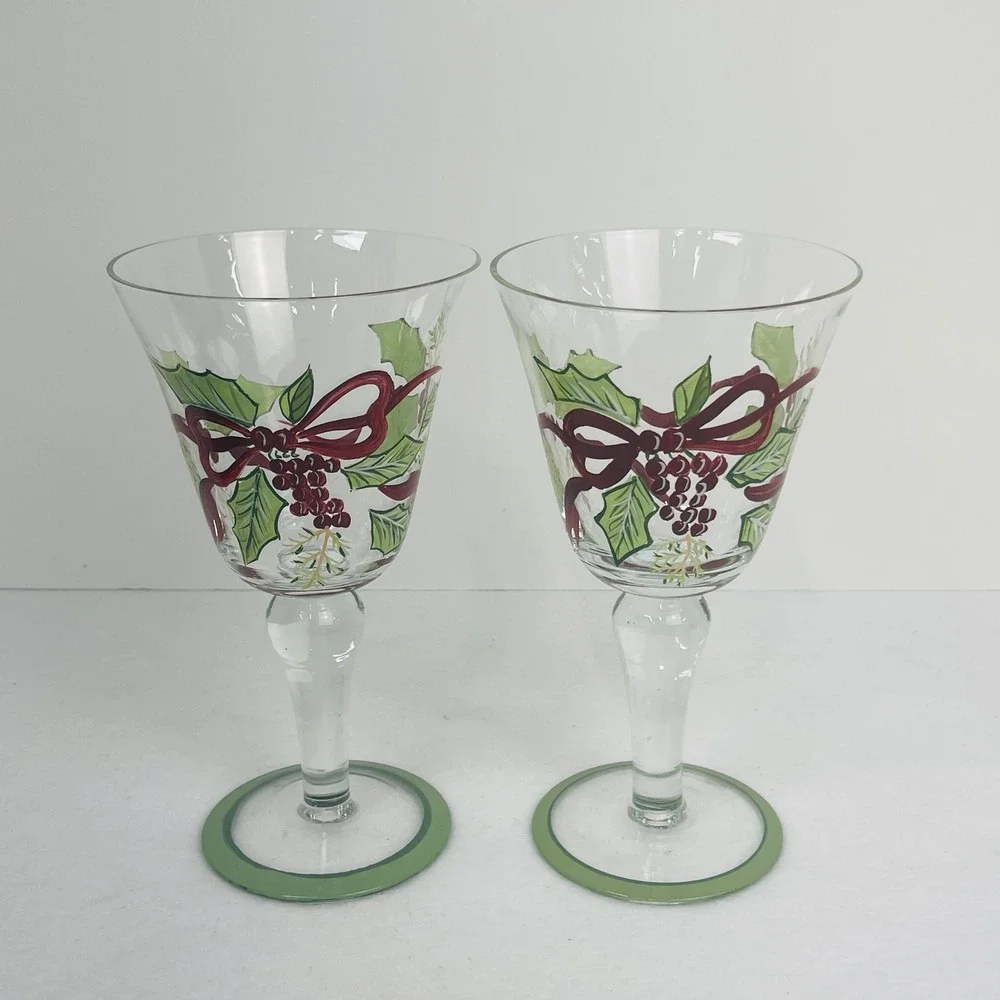 Hand Painted Christmas Holly Berry Wine Glasses Set of 2 Holiday Goblets 8.5